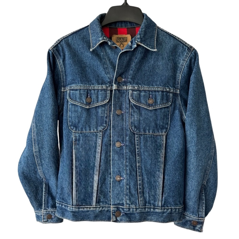 Vintage GAP Blue Jean Denim Cotton Red Buffalo Plaid Lined Trucker Jacket